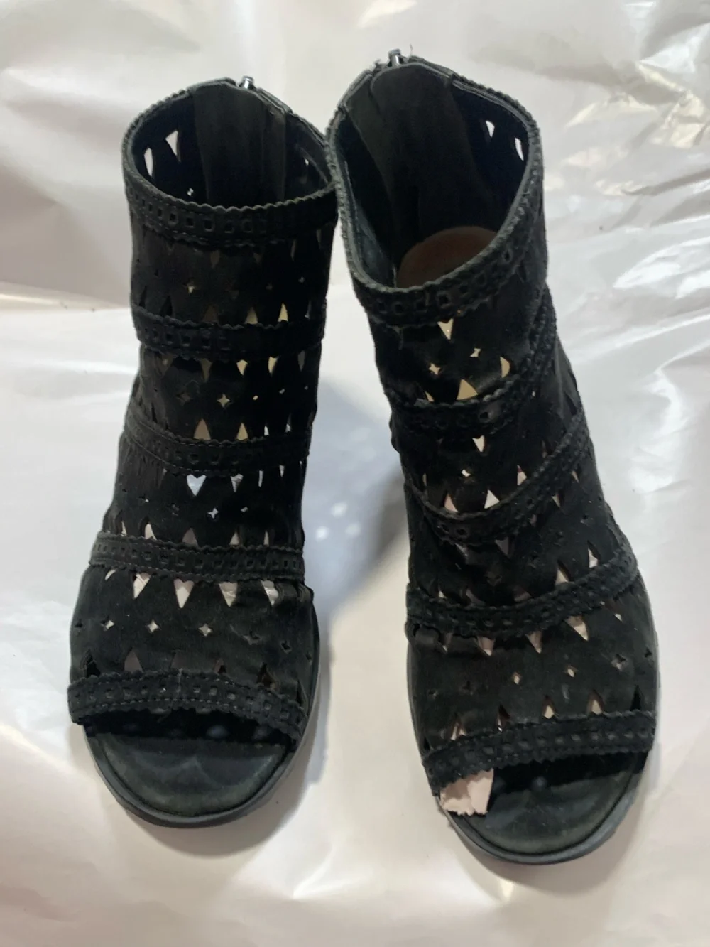 Black Laser-Cut Suede Peep-Toe Wedge Sandals size 7